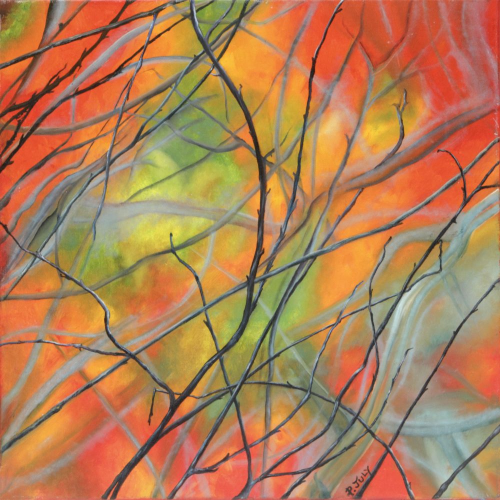 Pascale JULY - Brindilles sur fond rouge - 50X50cm